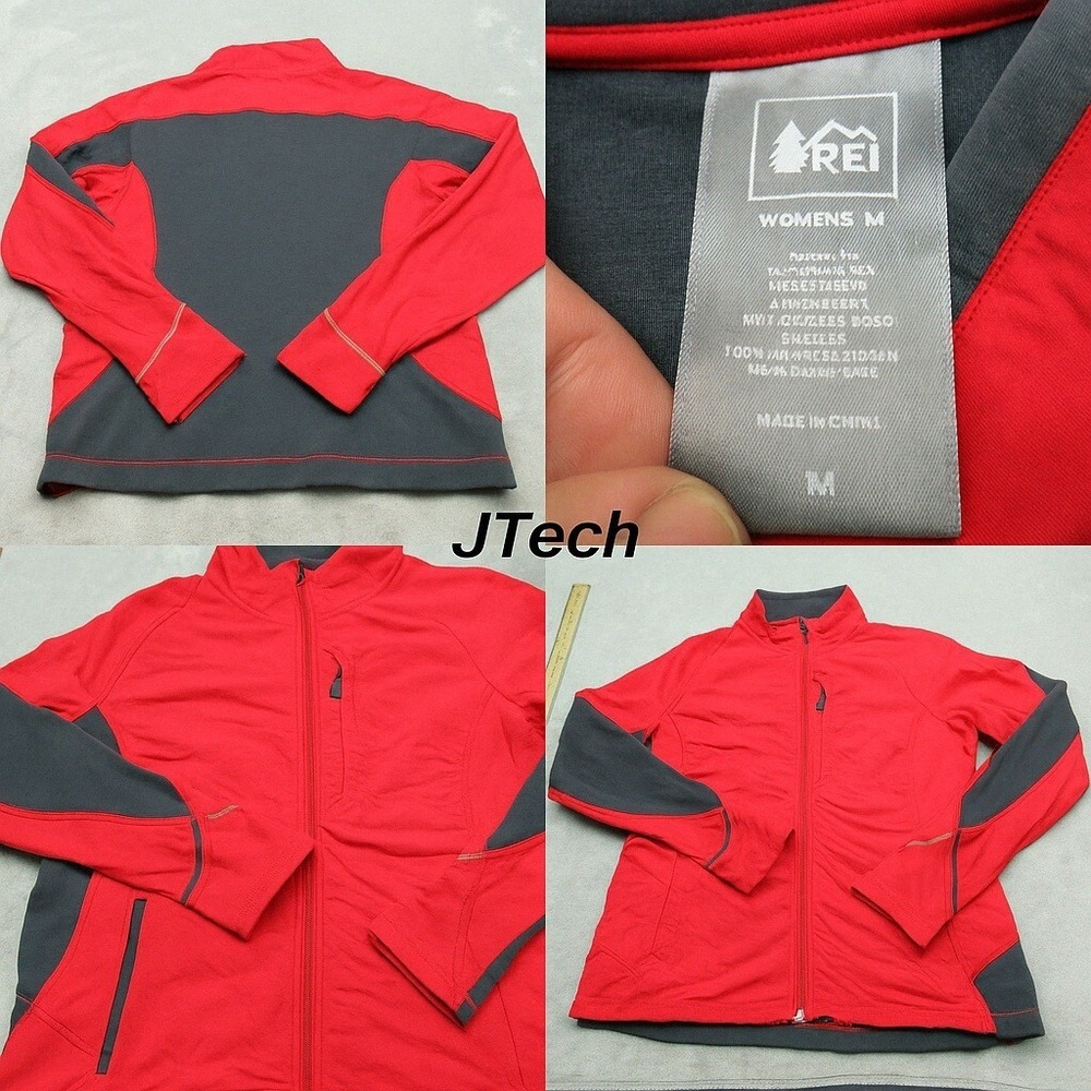 REI Jacket Women Medium Red Gray Wool Blend Colorblock Pocket Full Zip Hiking